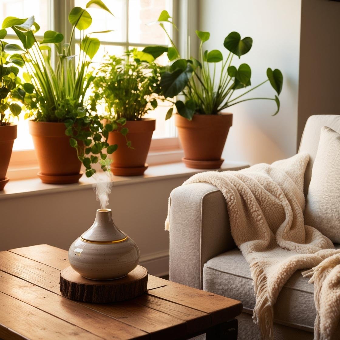 a room with a couch and a couch and a sofa with potted plants